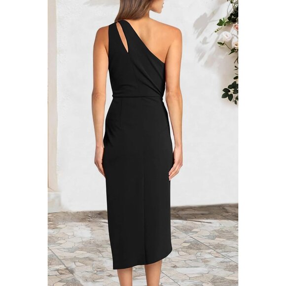 Women's Black One Shoulder Ruched Bodycon Dress Summer Cutout Slit Wrap - Picture 8 of 9